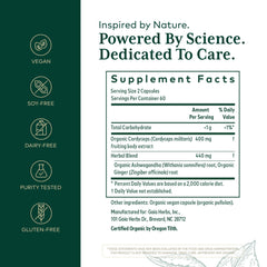Gaia Herbs PRO Adaptogen Performance label close-up highlighting cordyceps and ashwagandha.