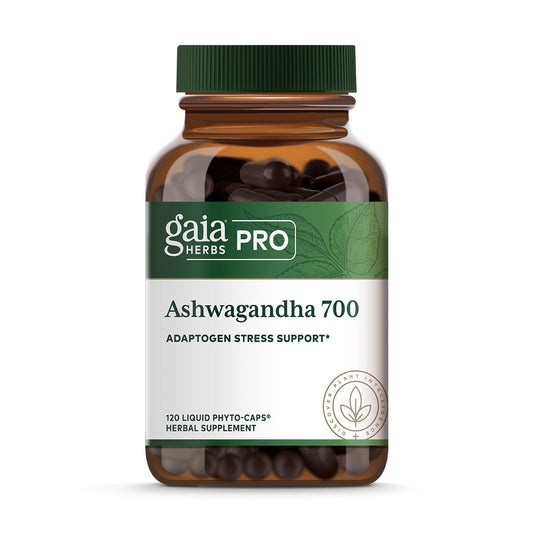 GAIA Herbs PRO Ashwagandha 700 bottle front, supports everyday calm and daytime energy.