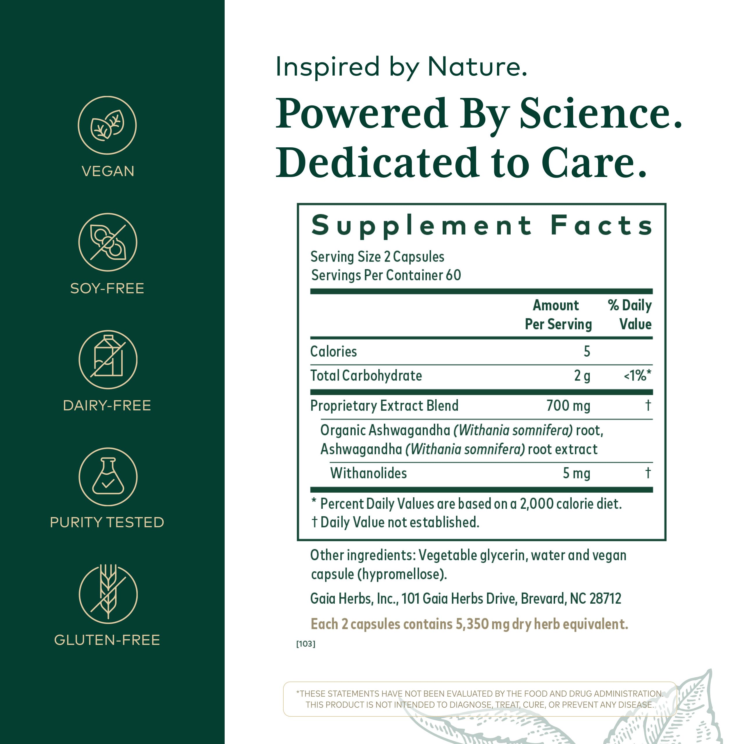 GAIA Herbs PRO Ashwagandha 700 capsules close-up, vegan adaptogen for balance.