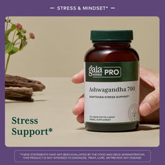 GAIA Herbs PRO Ashwagandha 700 label detail, highlighting organic extract and potency.