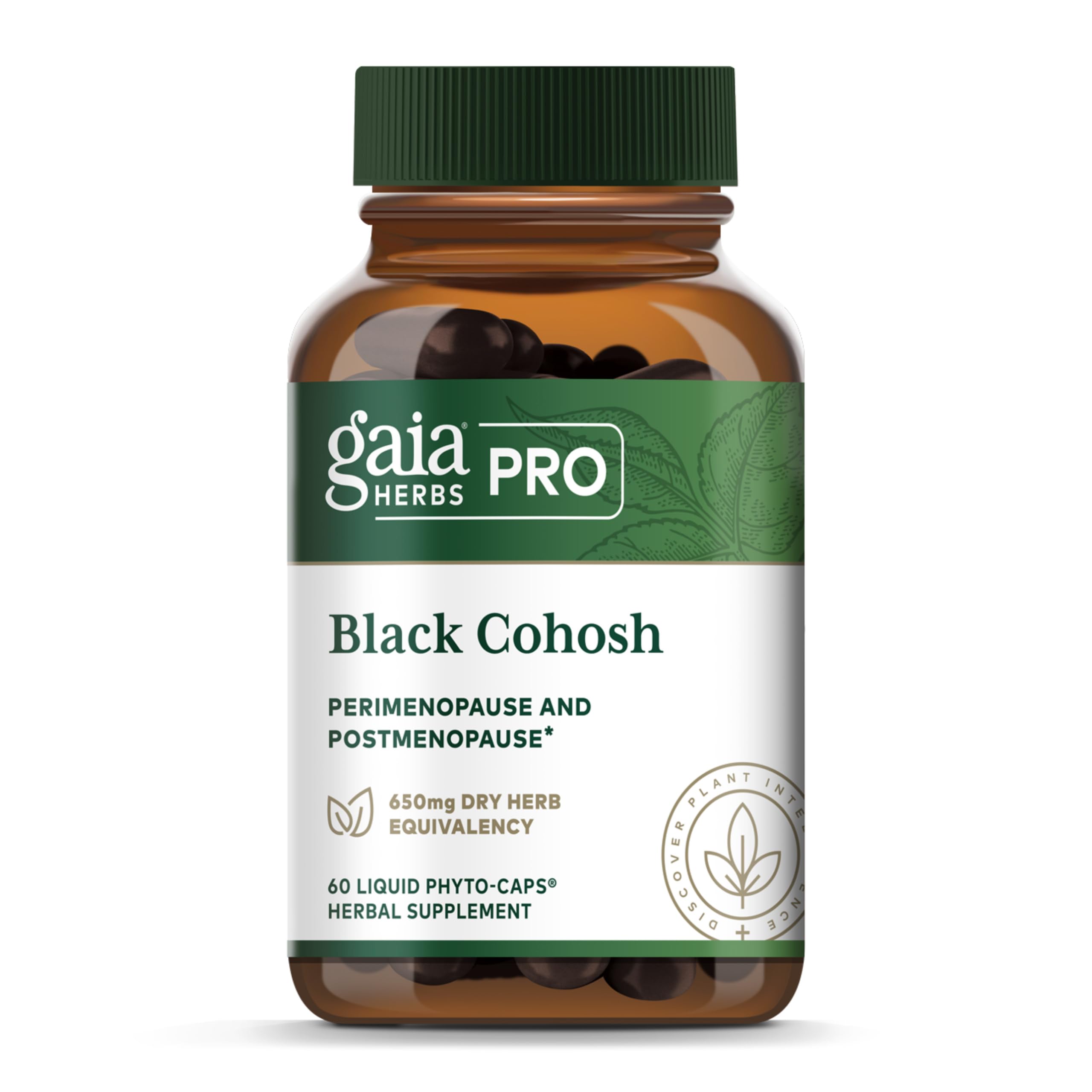 GAIA HERBS PRO Black Cohosh bottle emphasizes vegan menopause support and clean labeling