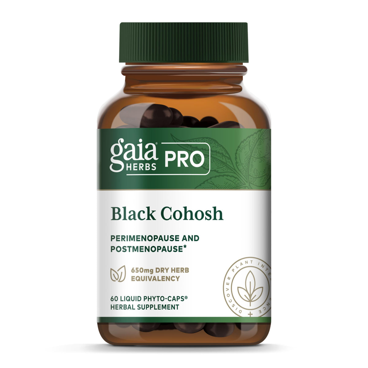 GAIA HERBS PRO Black Cohosh bottle emphasizes vegan menopause support and clean labeling