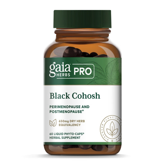 GAIA HERBS PRO Black Cohosh bottle emphasizes vegan menopause support and clean labeling
