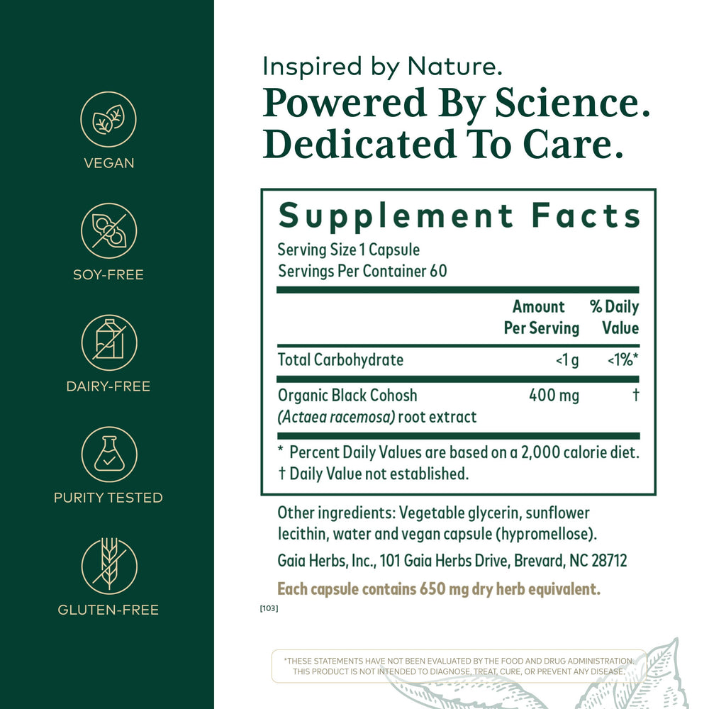 GAIA HERBS PRO Black Cohosh root extract vial highlights organic potency for wellness