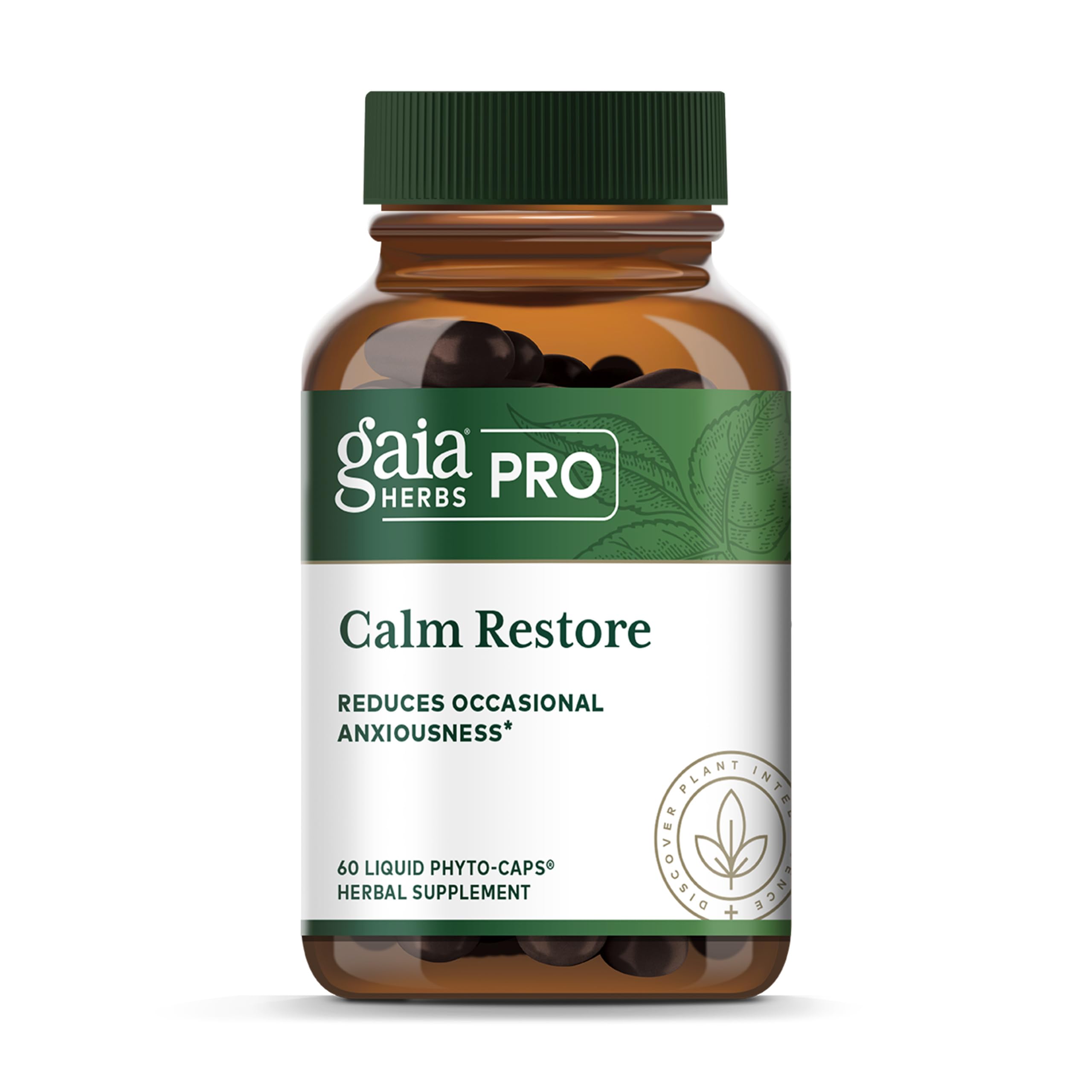 GAIA Herbs Pro Calm Restore bottle closeup for daily calm support.