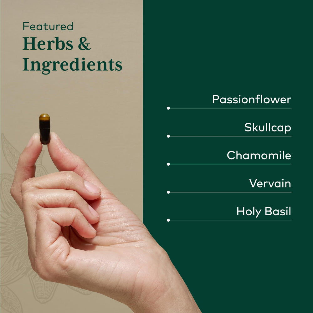 GAIA Herbs Pro Calm Restore holy basil and lavender components shown.