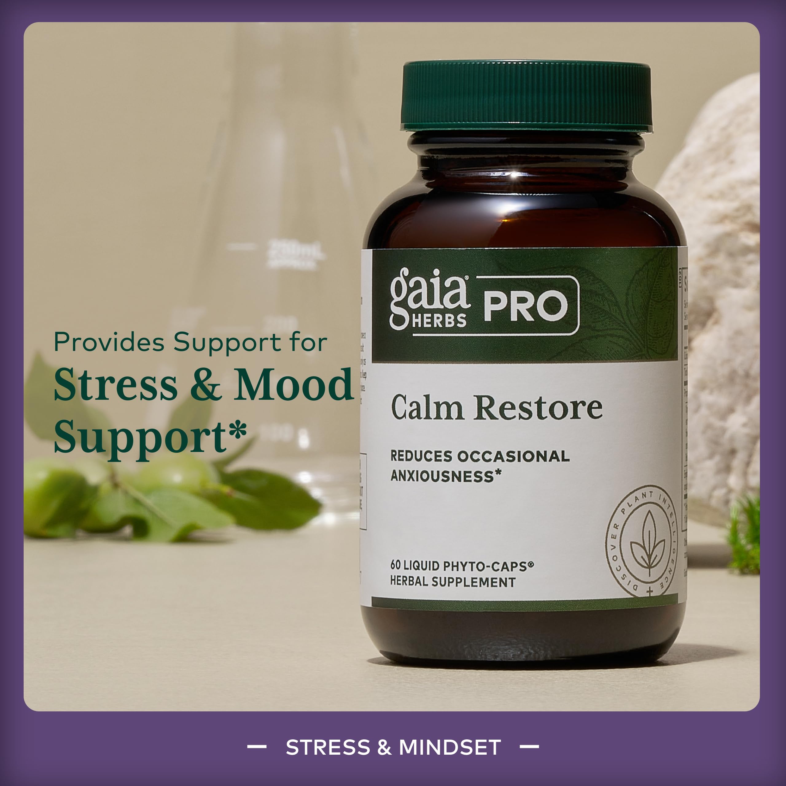 GAIA Herbs Pro Calm Restore ingredients skullcap and chamomile blend.