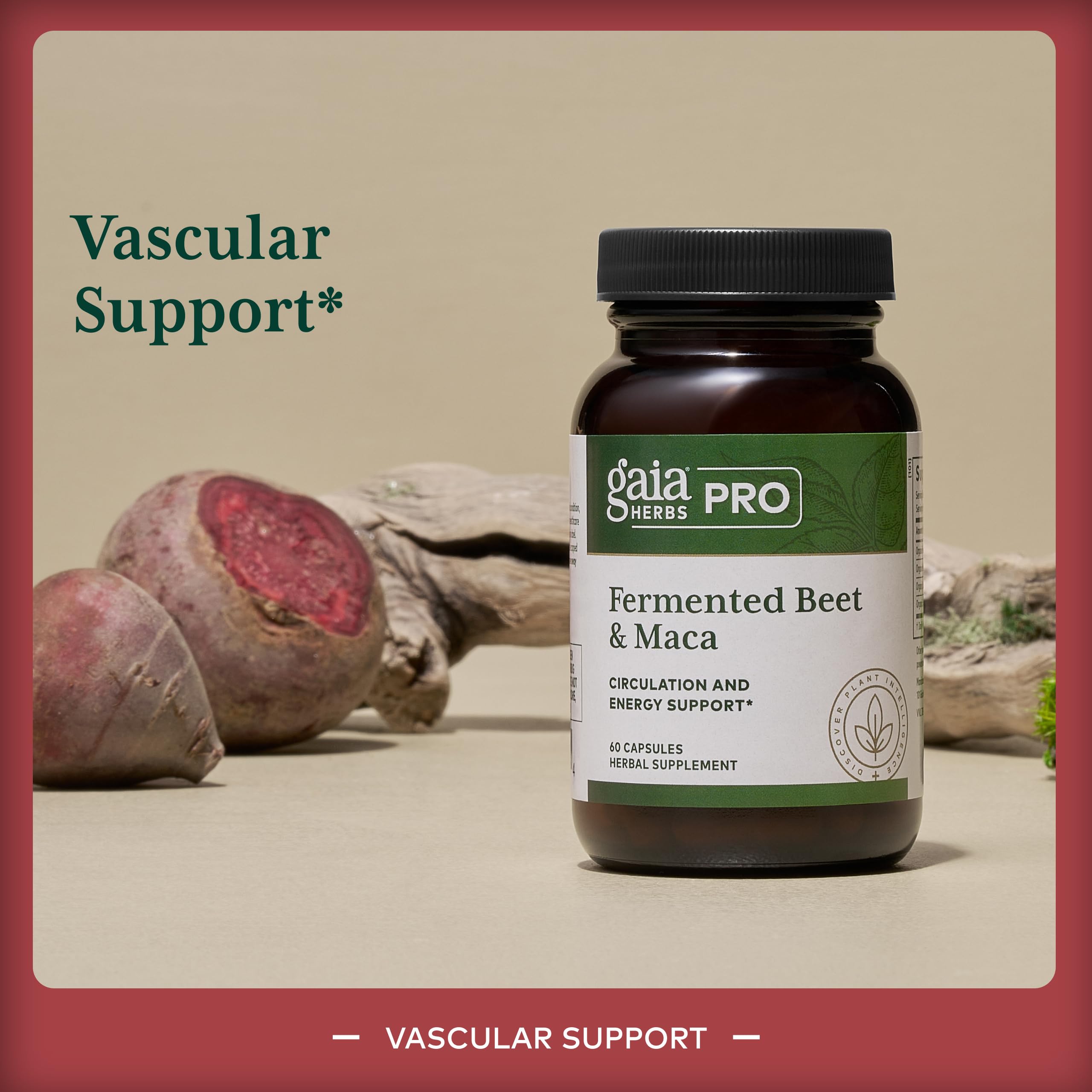 Gaia Herbs PRO capsules close-up showing beet and maca for daily vitality.
