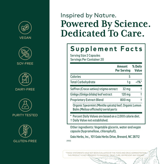 Close-up of Gaia Herbs PRO capsules showing vegan, gluten-free format for daily use