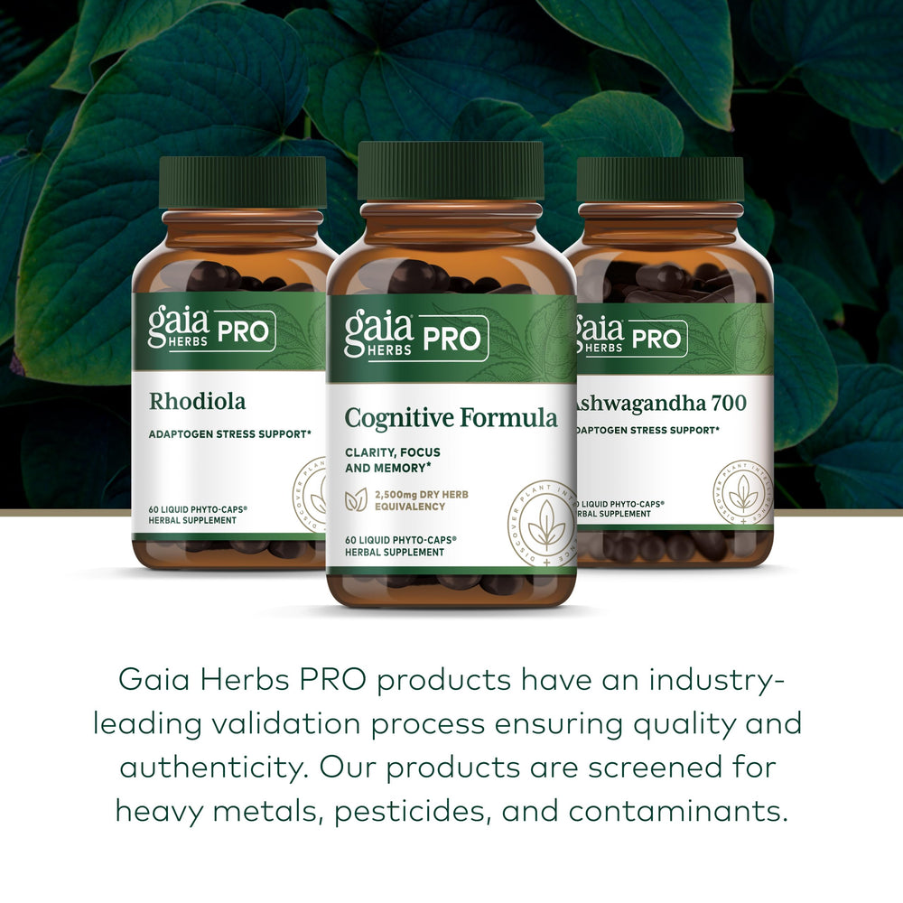 GAIA Herbs PRO capsules on a desk with herbs suggesting focus support