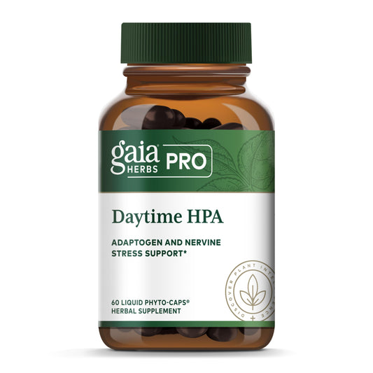 Gaia Herbs PRO Daytime HPA bottle label supports daytime balance.