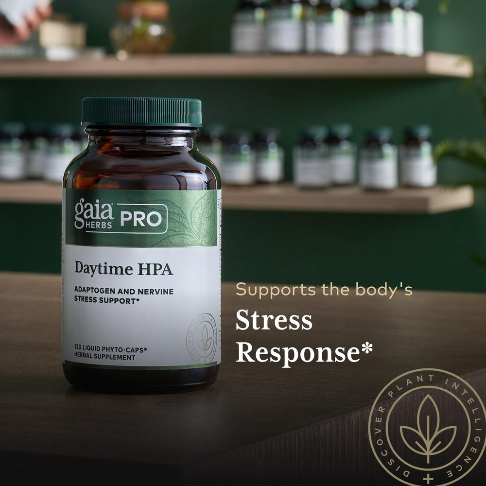 Gaia Herbs PRO Daytime HPA rhodiola imagery suggesting energized focus.