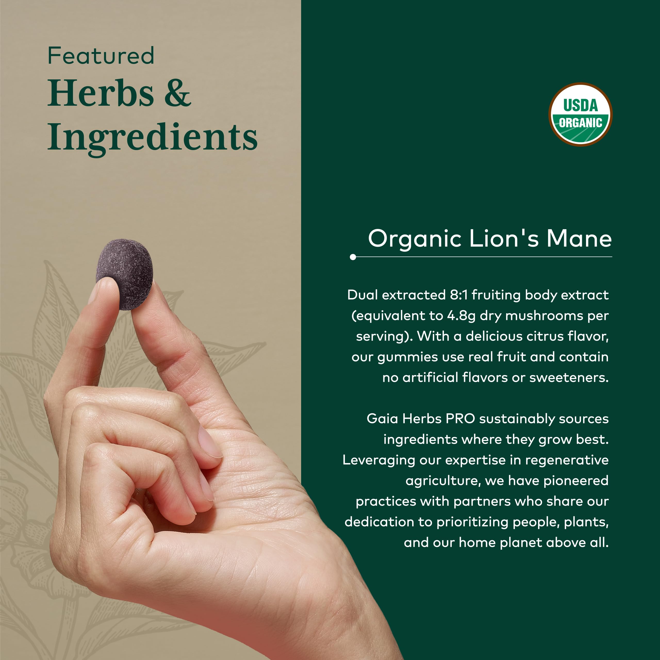 Gaia Herbs PRO Lion's Mane Gummies product label with organic and vegan certifications.