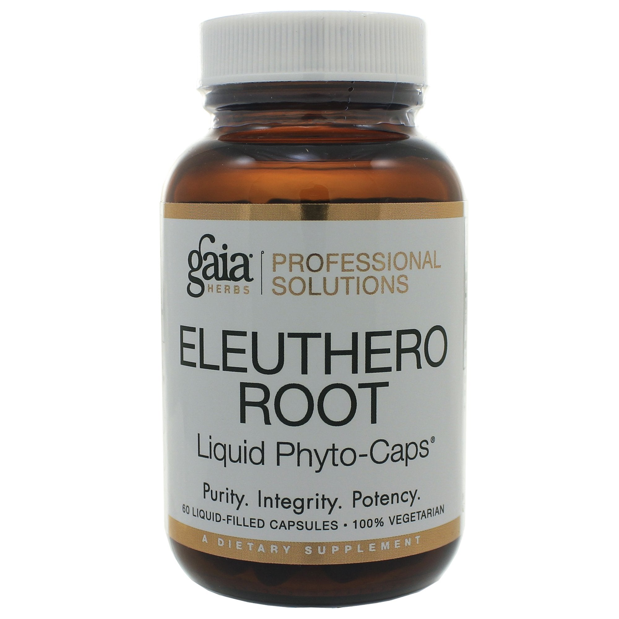 Gaia Herbs PRO Eleuthero bottle with label, highlighting adaptogen support for daily resilience