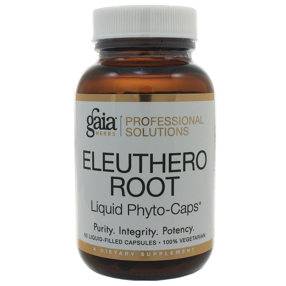 Gaia Herbs PRO Eleuthero bottle with label, highlighting adaptogen support for daily resilience