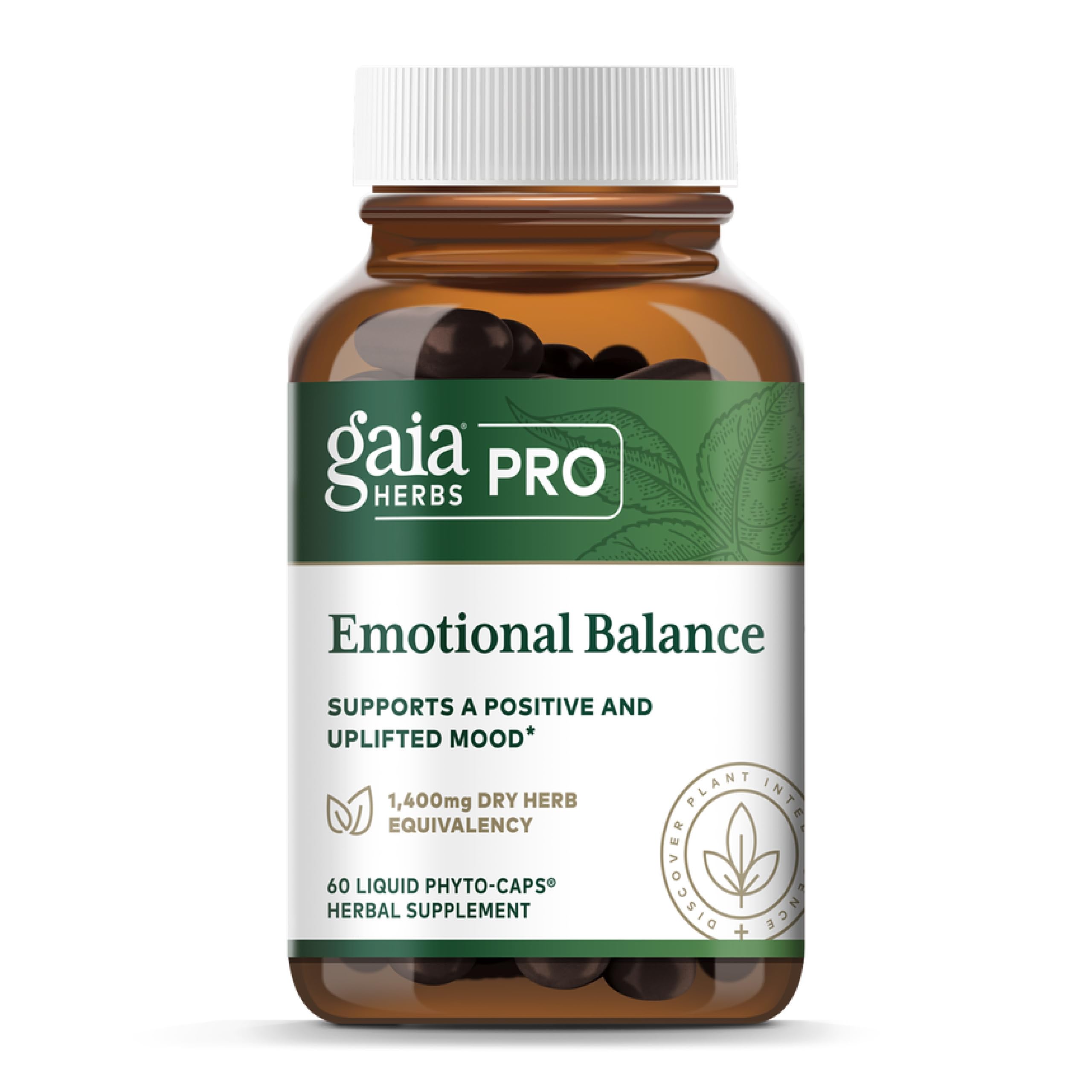 Gaia Herbs PRO Emotional Balance bottle pour showing a calming herbal blend for daily stress support.