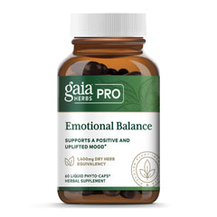 Gaia Herbs PRO Emotional Balance bottle pour showing a calming herbal blend for daily stress support.
