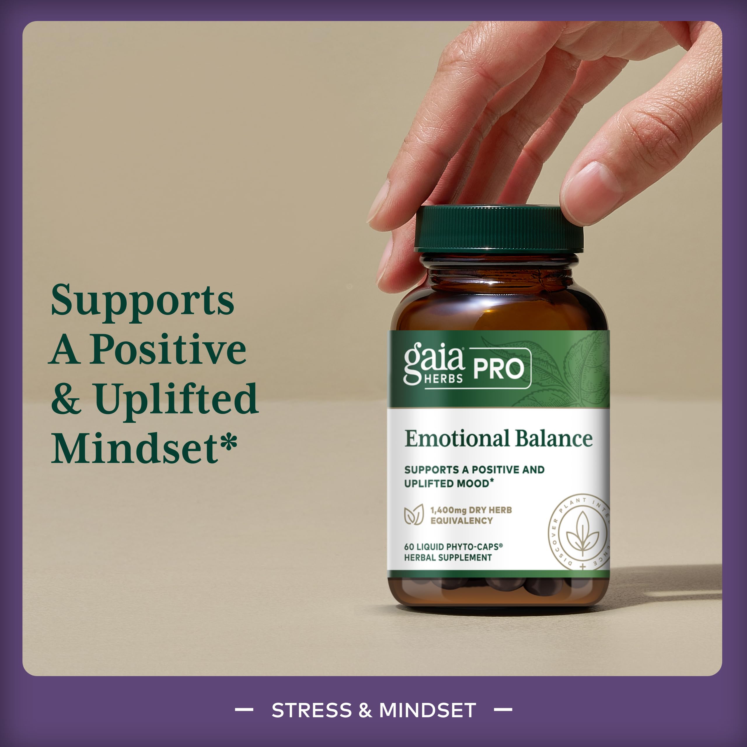 Gaia Herbs PRO Emotional Balance capsules in hand illustrating convenient daily supplementation.