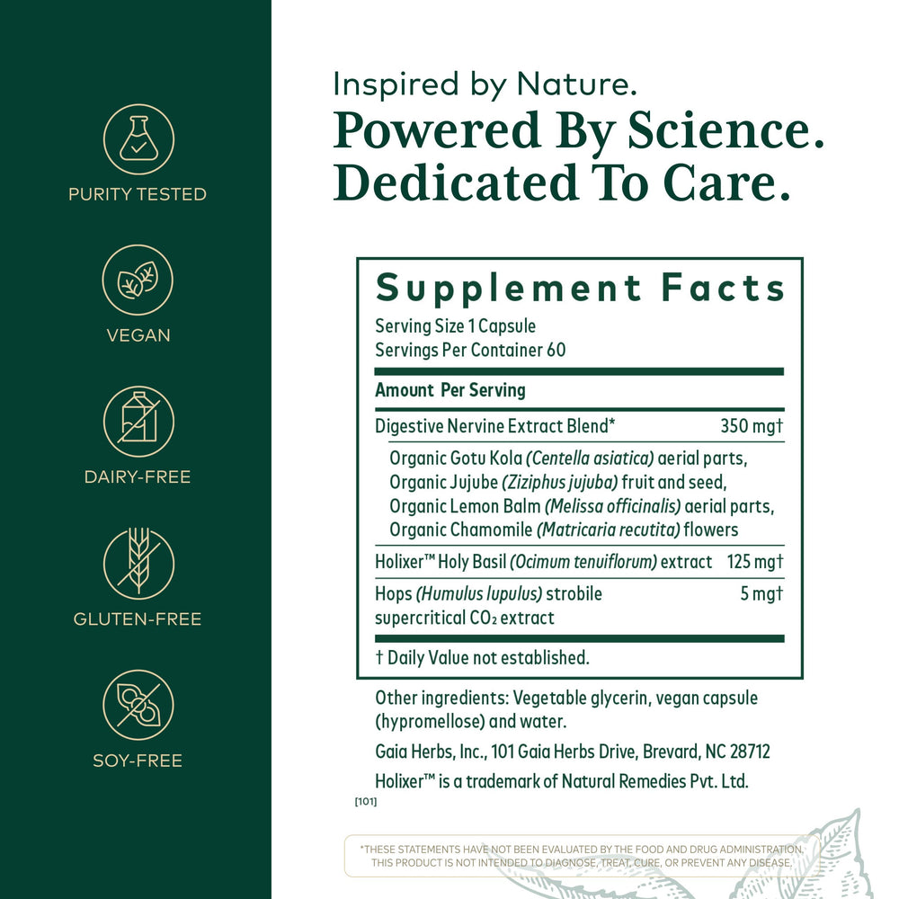 Gaia Herbs PRO GI Stress bottle side view showing label and capsules for daily use