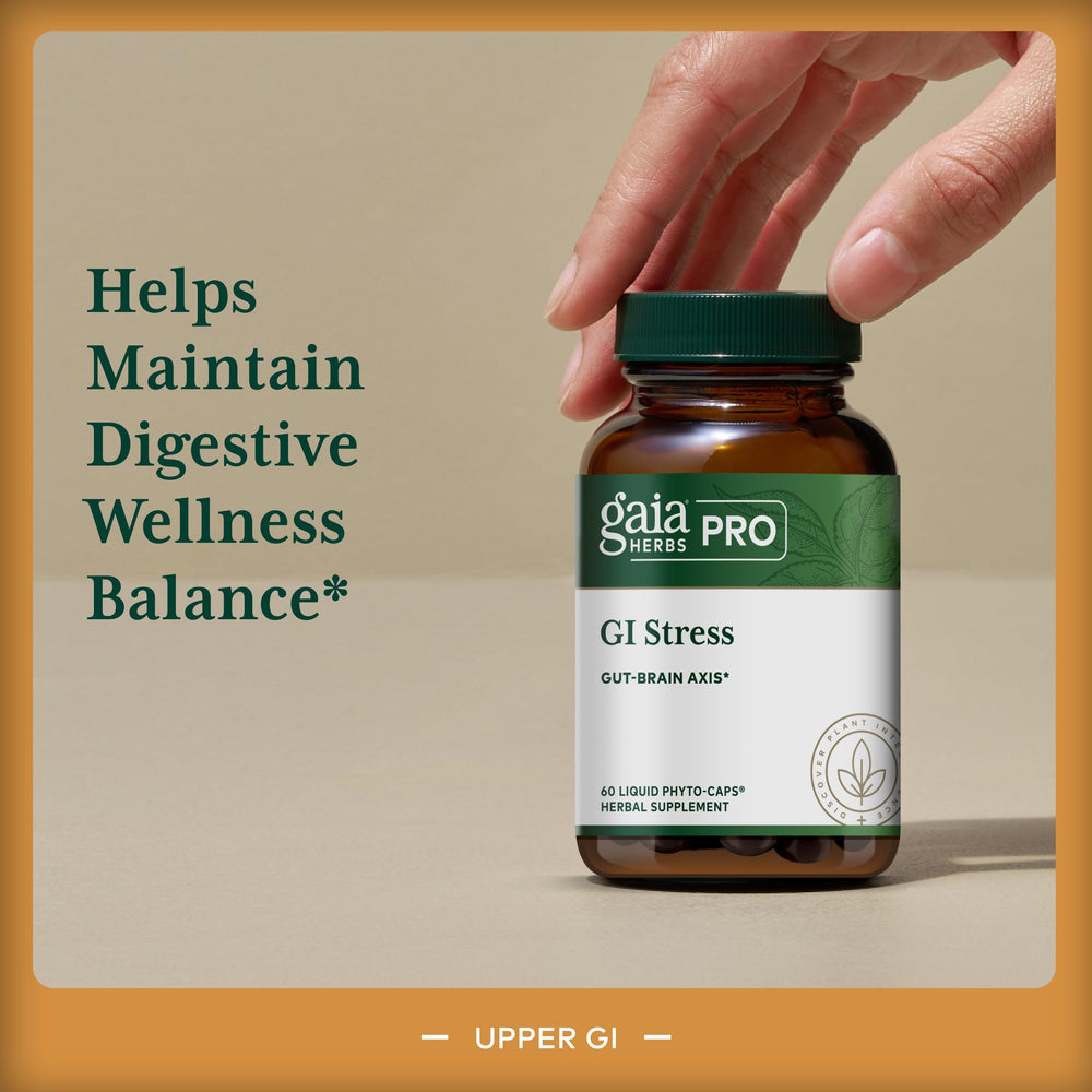 Gaia Herbs PRO GI Stress capsules close-up highlighting the Holy Basil blend