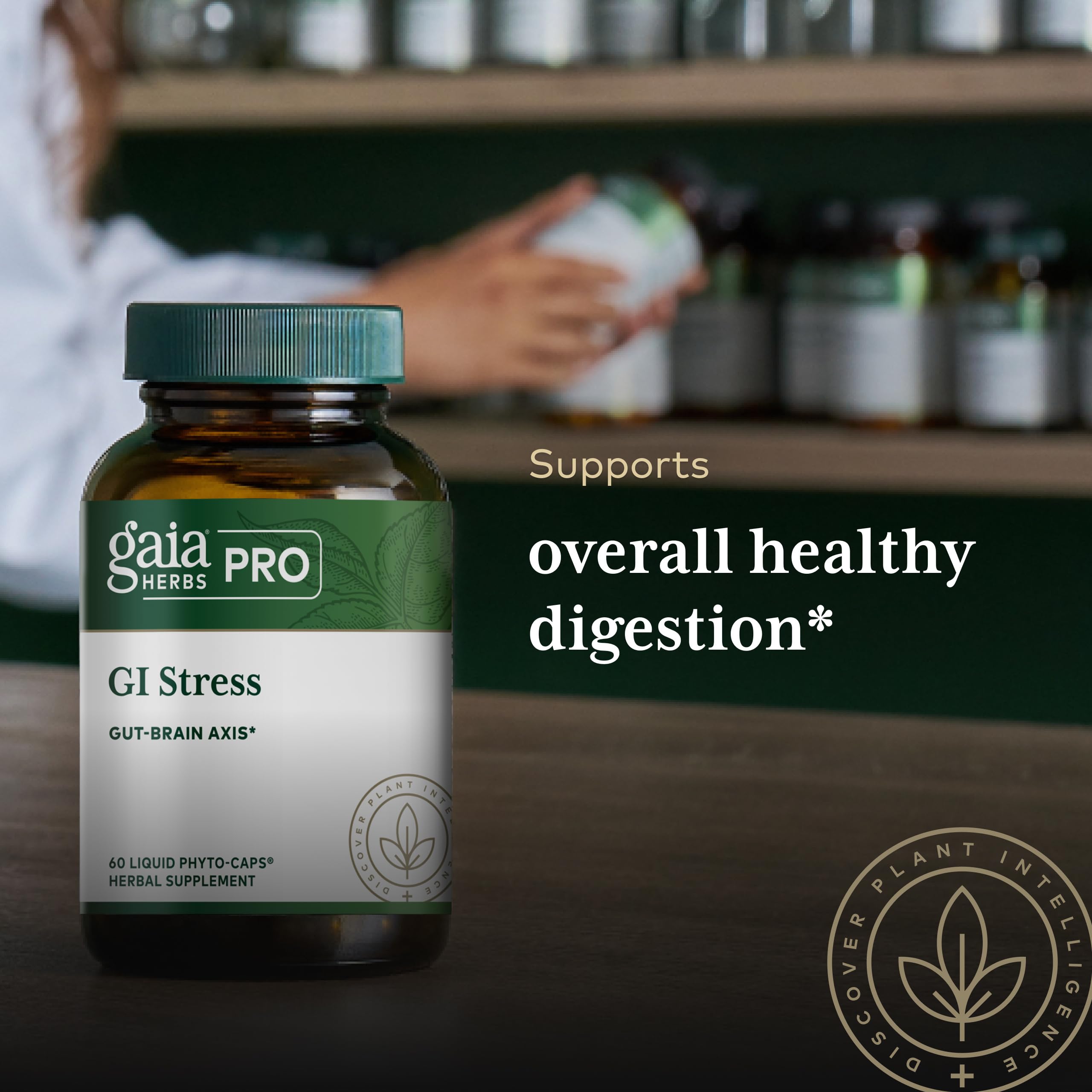 Gaia Herbs PRO GI Stress blend with lemon balm and chamomile close-up