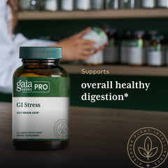 Gaia Herbs PRO GI Stress blend with lemon balm and chamomile close-up