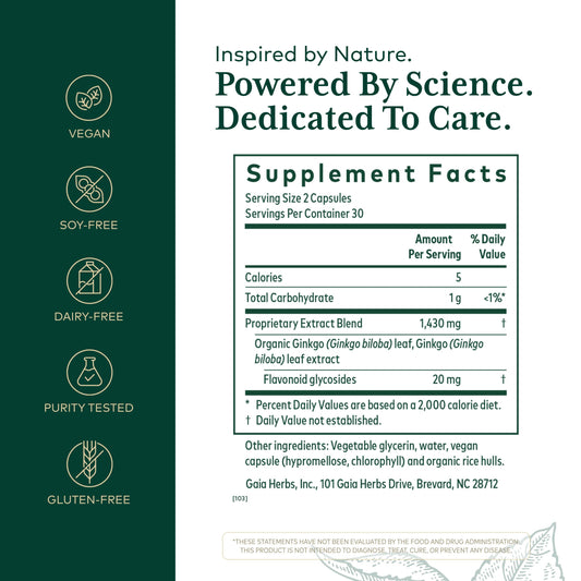 GAIA Herbs PRO Ginkgo capsules promote convenient brain support.