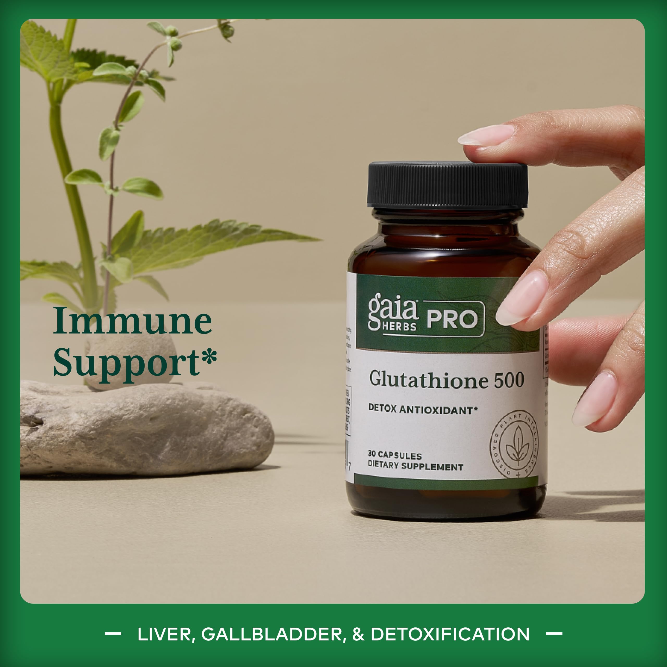 Gaia Herbs PRO Glutathione 500 label closeup highlighting potency