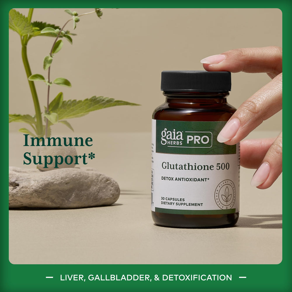 Gaia Herbs PRO Glutathione 500 label closeup highlighting potency