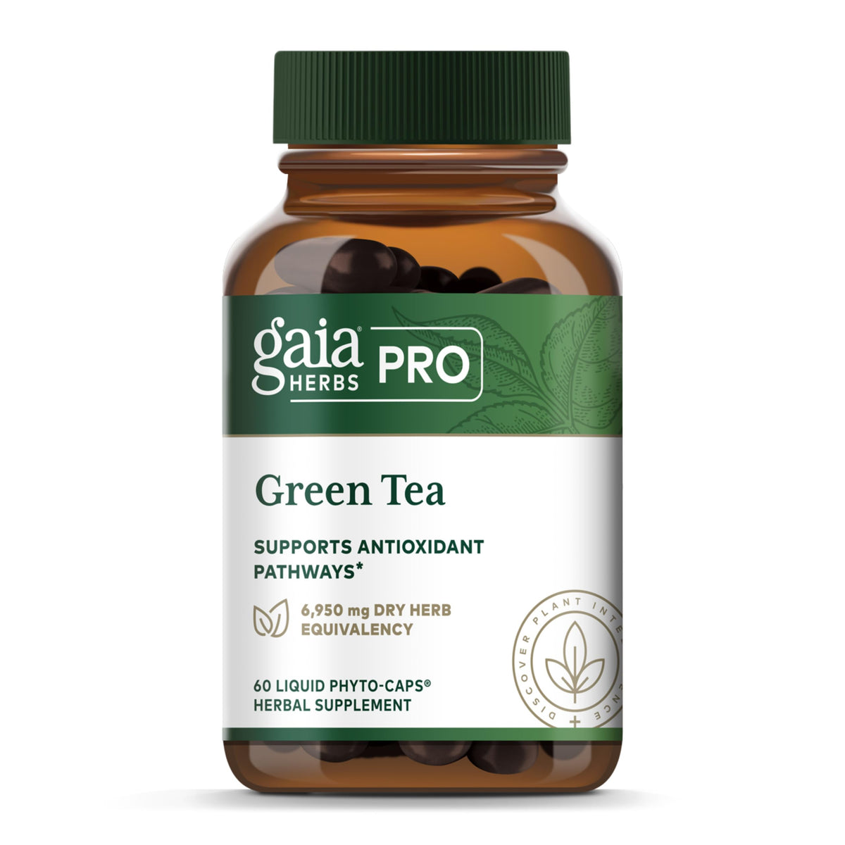 Gaia Herbs PRO green tea bottle with capsules for daily heart health support.