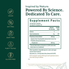 Gaia Herbs PRO green tea leaf extract close-up highlighting polyphenols.