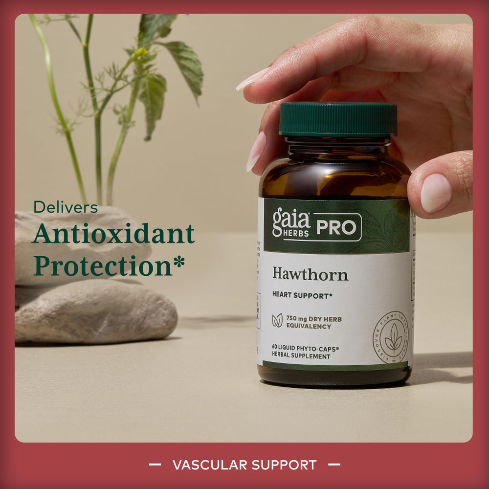 GAIA Herbs Pro Hawthorn bottle pour scene suggesting convenient daily dosing