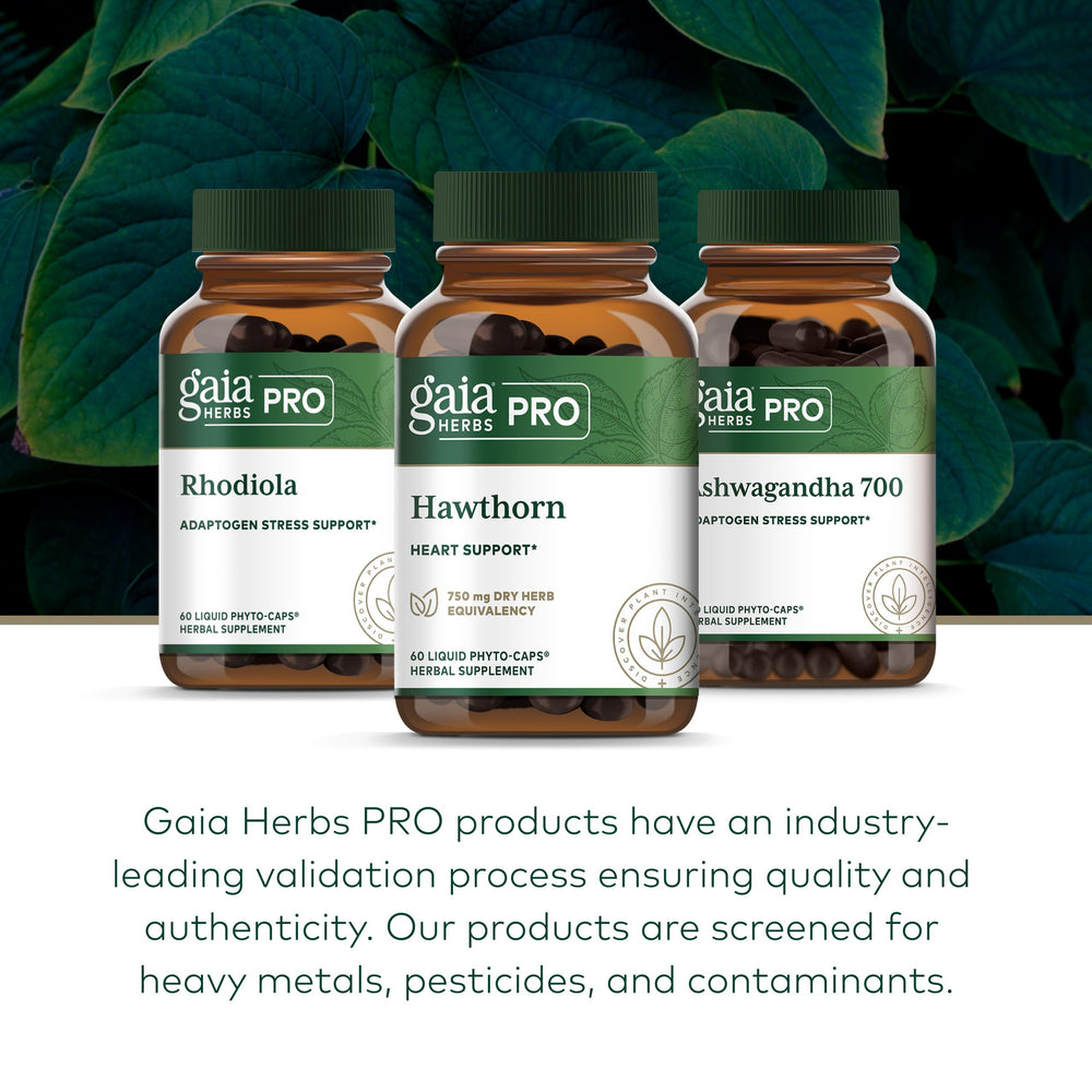 GAIA Herbs Pro Hawthorn label detail emphasizing potency and sourcing