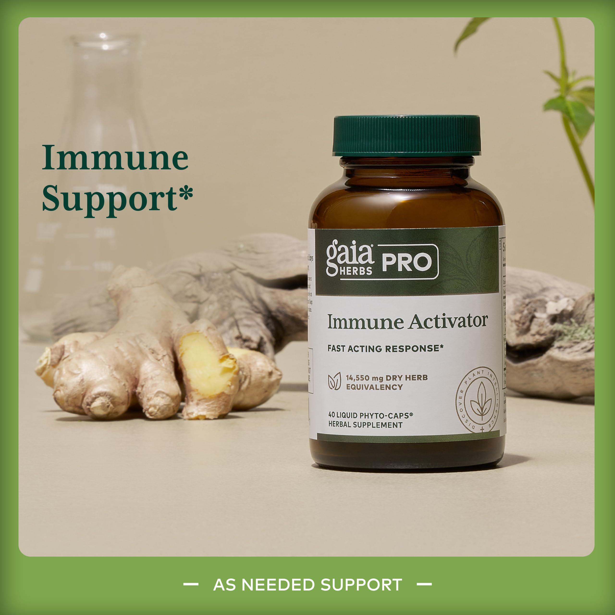 Gaia Herbs PRO Immune Activator capsules close-up, showing vegan and allergen-free formula.