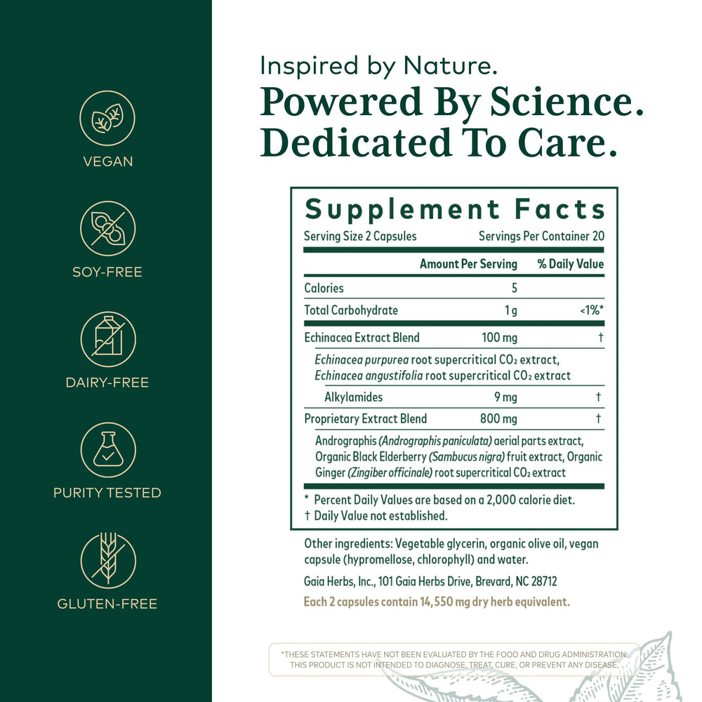 Gaia Herbs PRO Immune Activator label close-up highlighting ingredients for immune wellness.