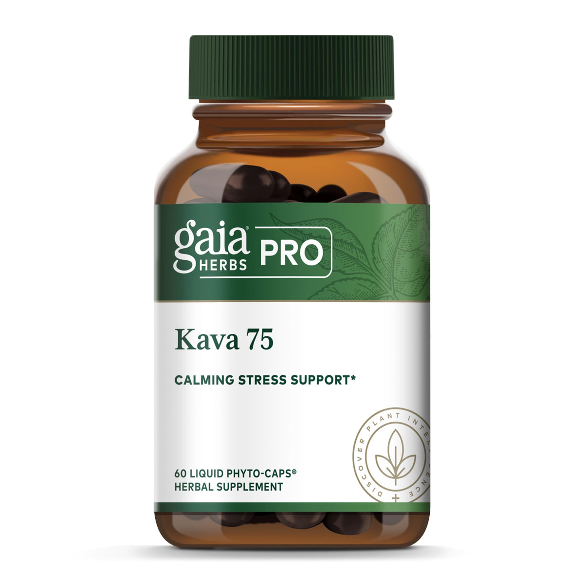 Gaia Herbs PRO Kava 75 bottle label showing 75 mg active kavalactones for calm support