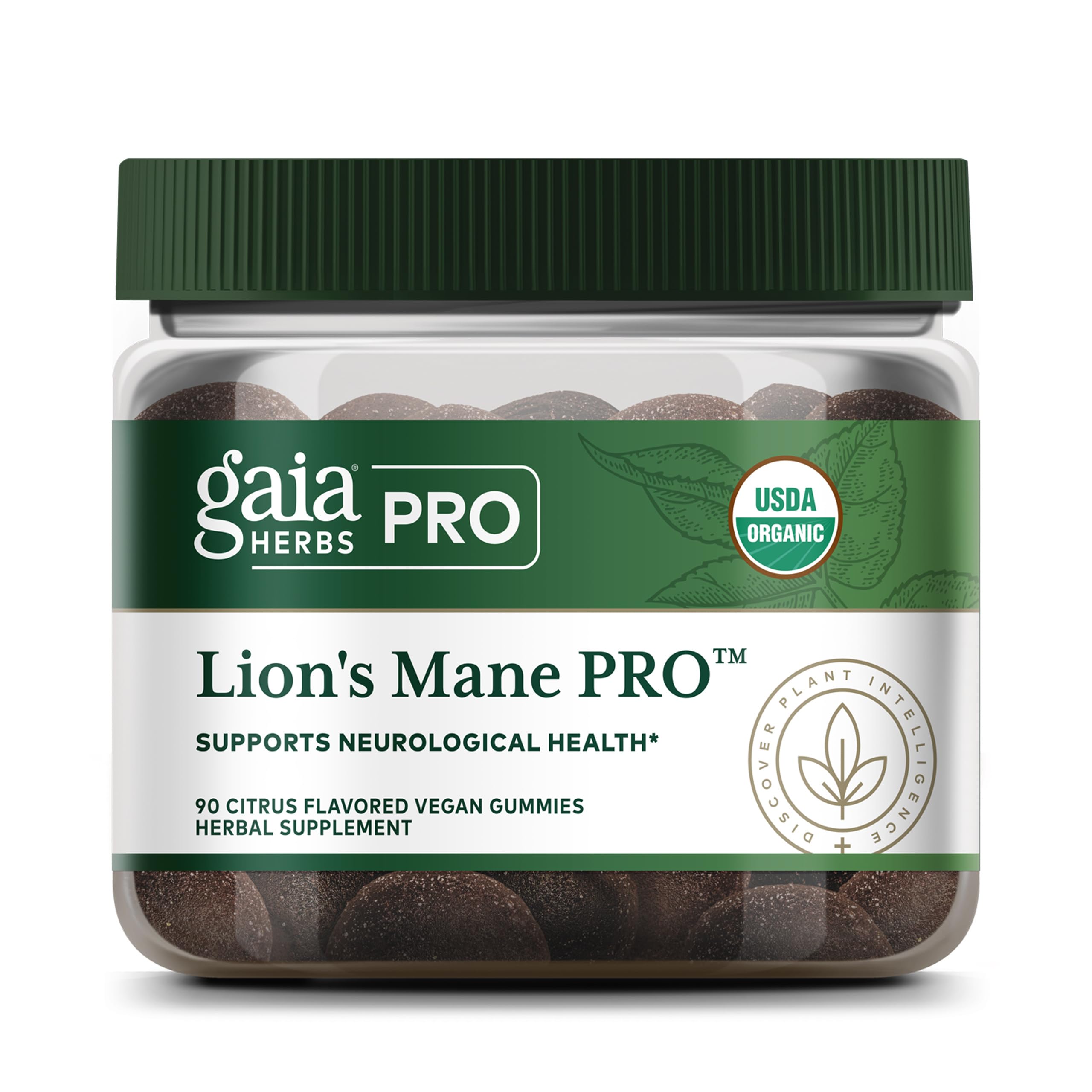 Gaia Herbs PRO Lion's Mane Gummies packaging highlighting vegan organic brain support.