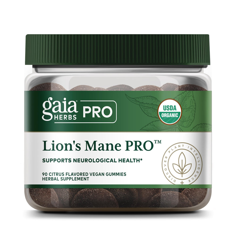 Gaia Herbs PRO Lion's Mane Gummies packaging highlighting vegan organic brain support.