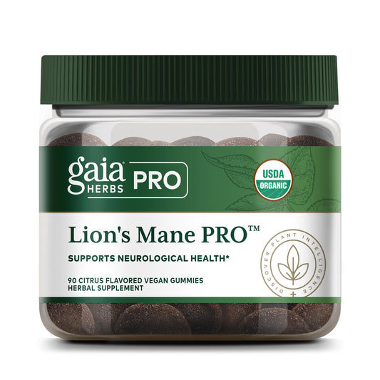 Gaia Herbs PRO Lion's Mane Gummies packaging highlighting vegan organic brain support.