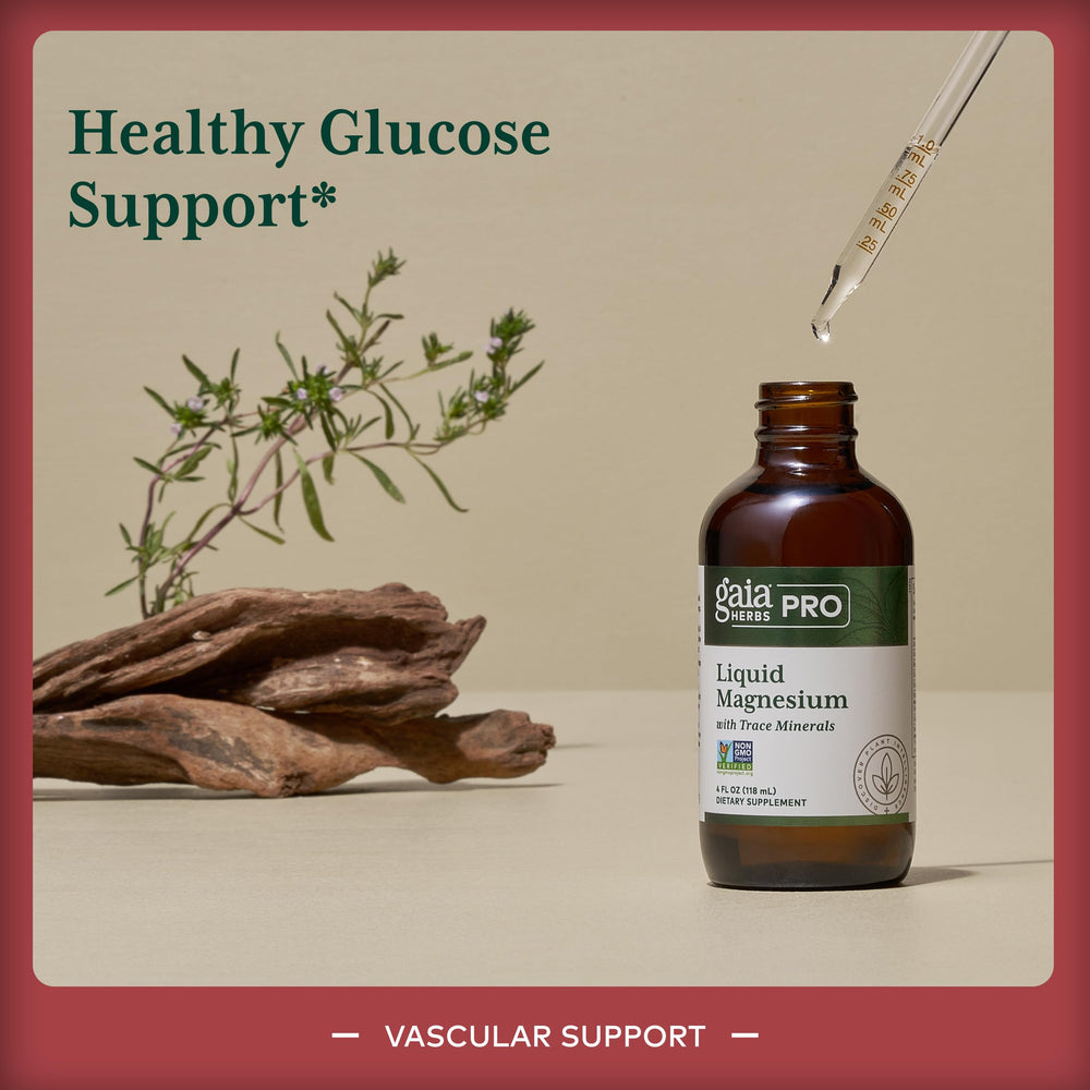 Gaia Herbs PRO Liquid Magnesium dropper close-up demonstrates precise dosing.