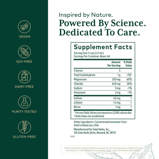 Gaia Herbs PRO Liquid Magnesium label ingredients highlight trace minerals for balanced support.