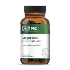 Gaia Herbs PRO Magnesium Glycinate bottle close-up highlighting high-absorption formula.