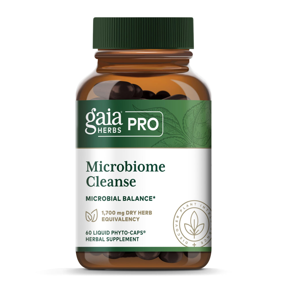 GAIA Herbs Pro Microbiome Cleanse bottle on a clean surface showing botanical blend for digestion
