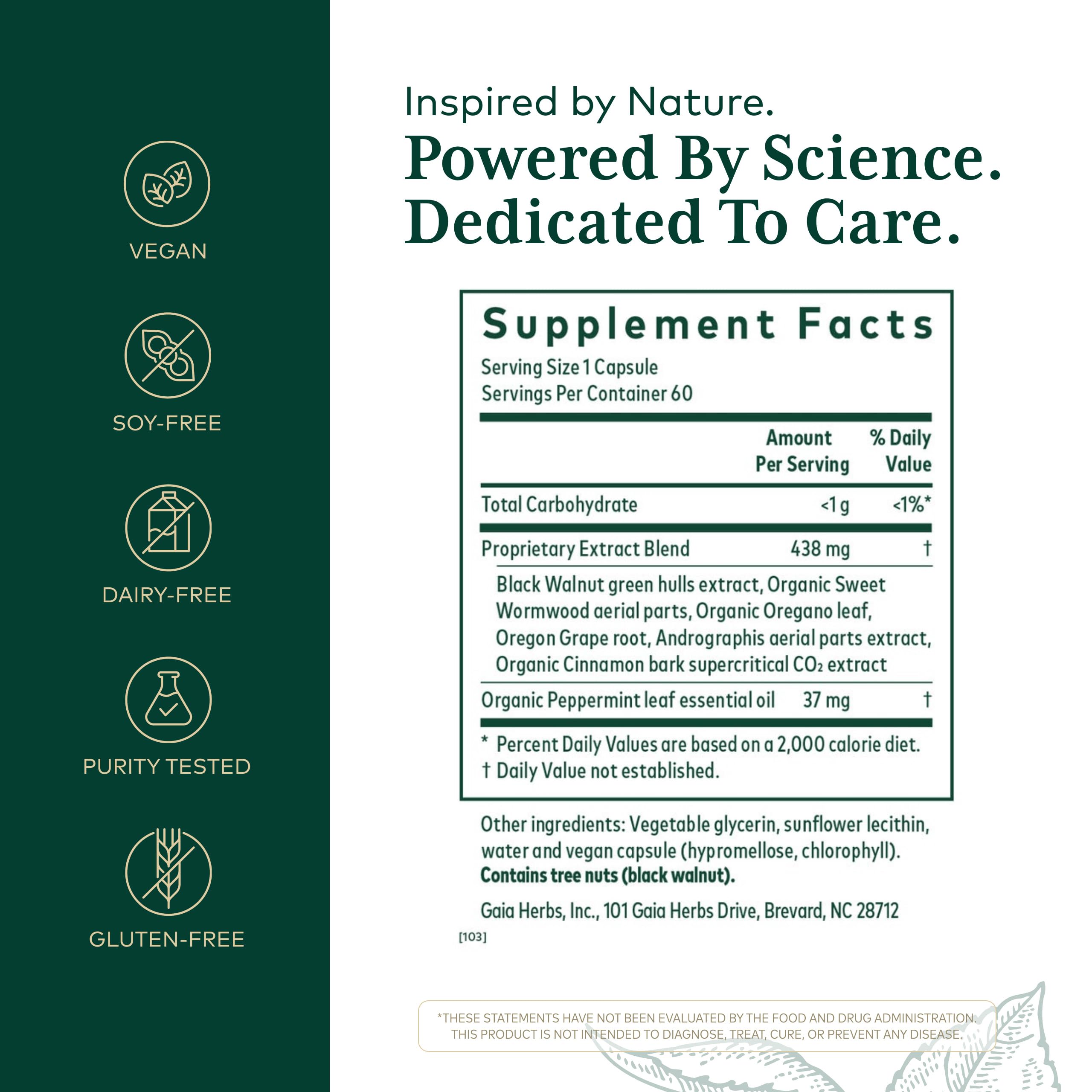 Close-up of GAIA Herbs Pro label highlights organic ingredients and potency