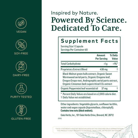Close-up of GAIA Herbs Pro label highlights organic ingredients and potency