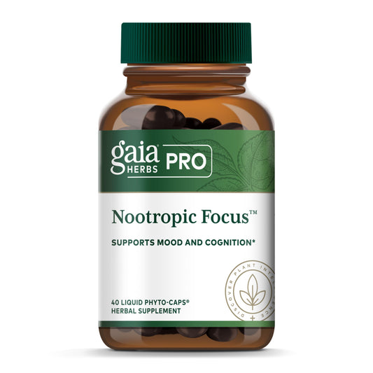 Gaia Herbs PRO nootropic bottle front highlighting brain health support for daily focus