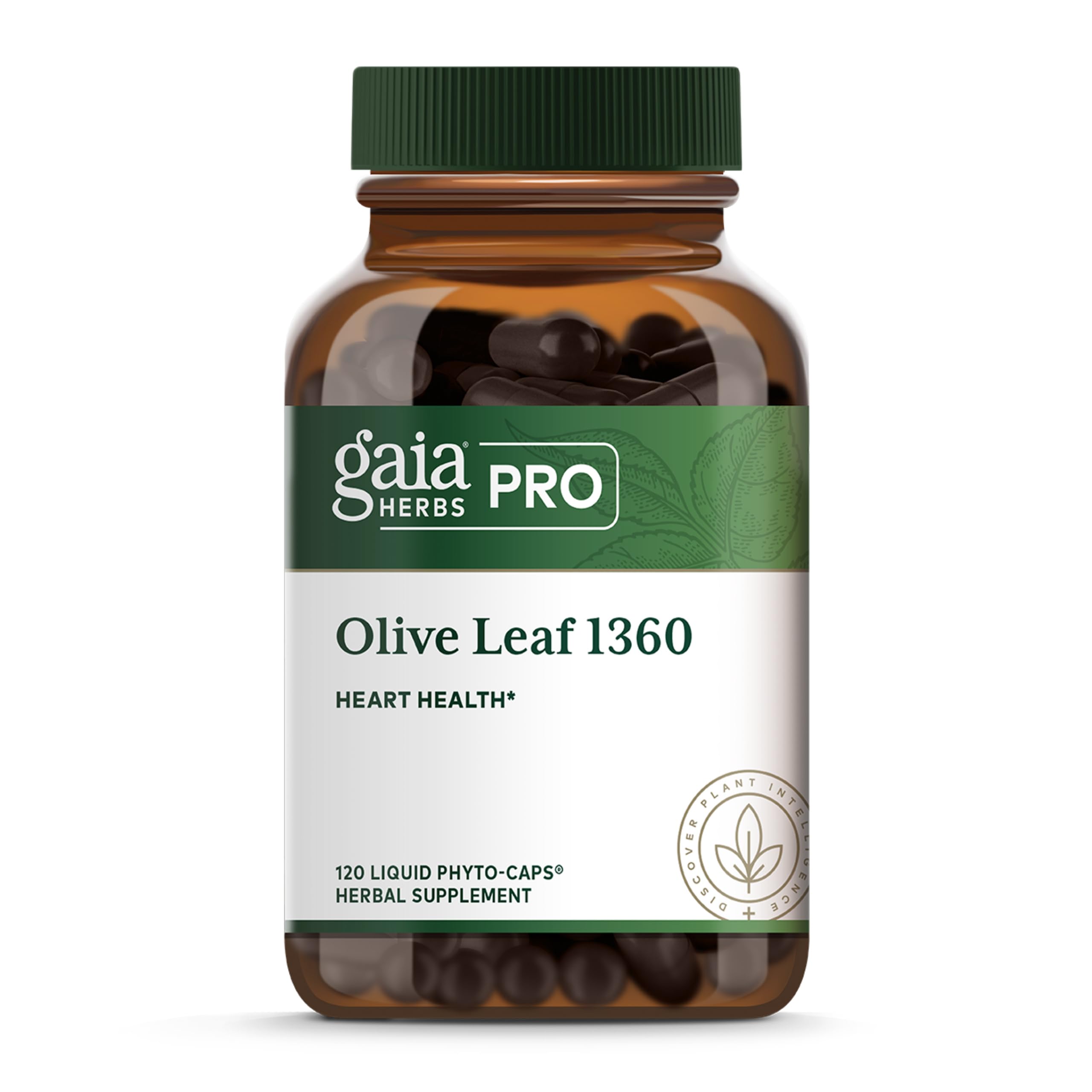 GAIA Herbs PRO Olive Leaf 1360 bottle closeup highlights oleuropein-rich extract for immune support.