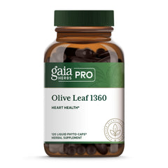 GAIA Herbs PRO Olive Leaf 1360 bottle closeup highlights oleuropein-rich extract for immune support.