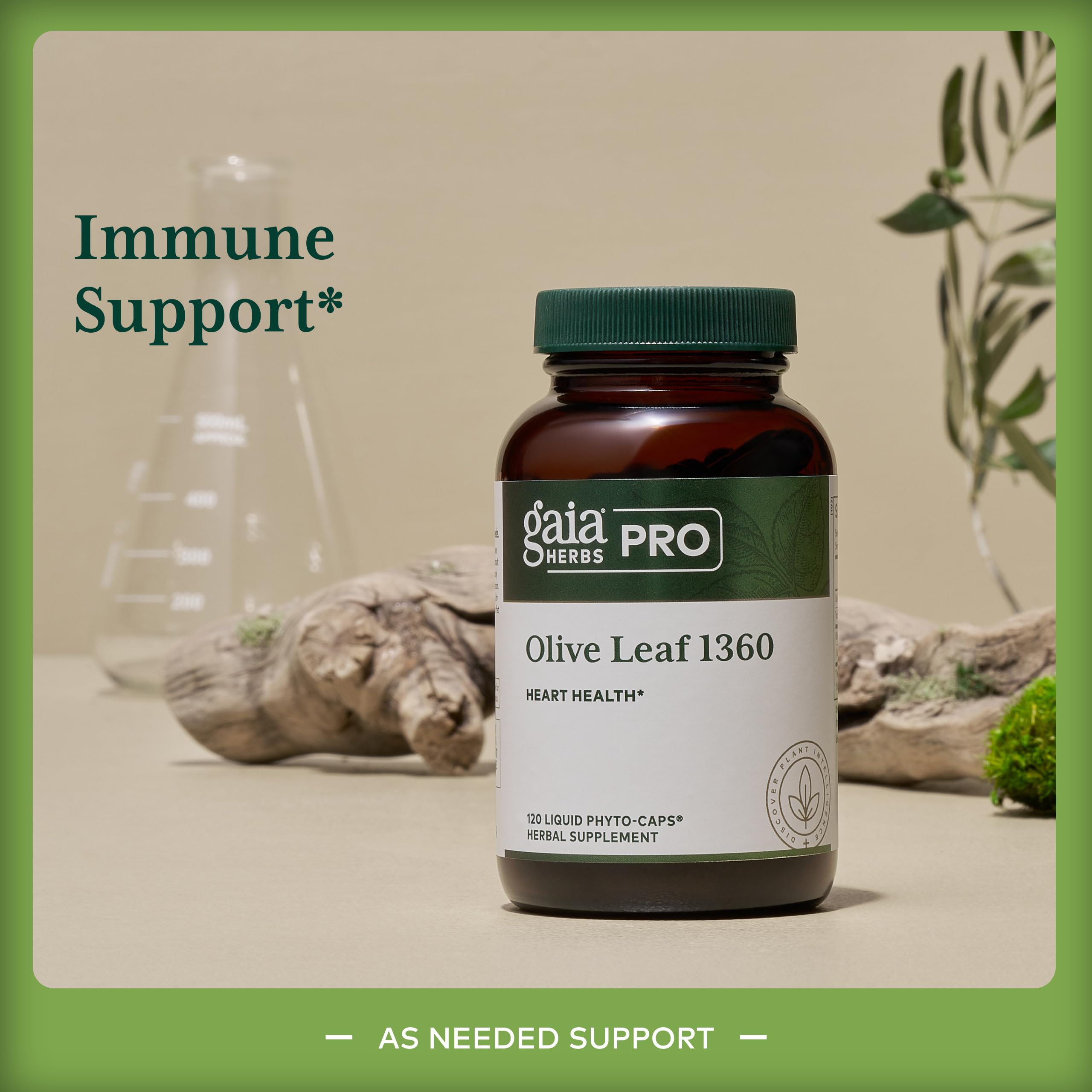 GAIA Herbs PRO Olive Leaf 1360 capsules in bottle for gluten-free daily use.