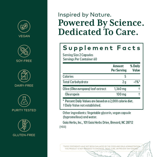 GAIA Herbs PRO Olive Leaf 1360 label closeup emphasizes concentrated single-herb formula.